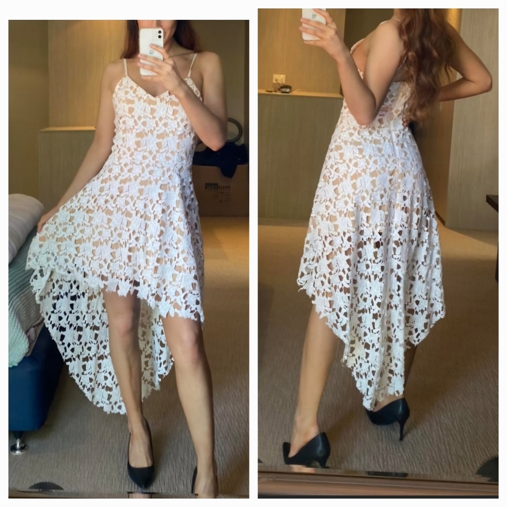 White Lace Spaghetti Strap Hi-Low Dress Large L EUC
